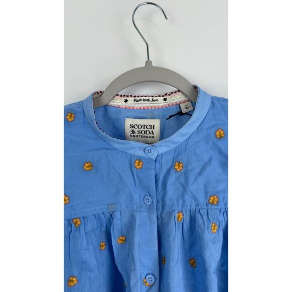 Scotch Soda Womens Blue Gathered 3/4 Sleeve Embroidered Top Size Medium NWT - Picture 6 of 11
